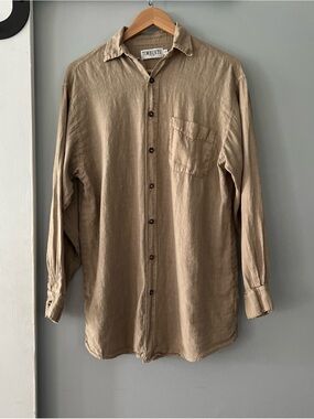 Vintage Timbuktu Station 100% Linen Button Front Long Shirt/ Tunic in Tan USA